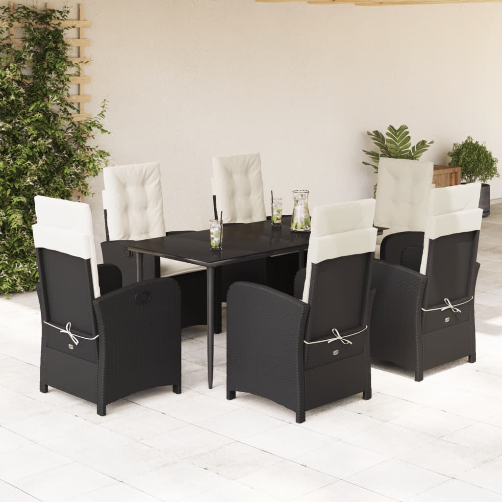7-tlg. Garten-Essgruppe mit Kissen Schwarz Poly Rattan